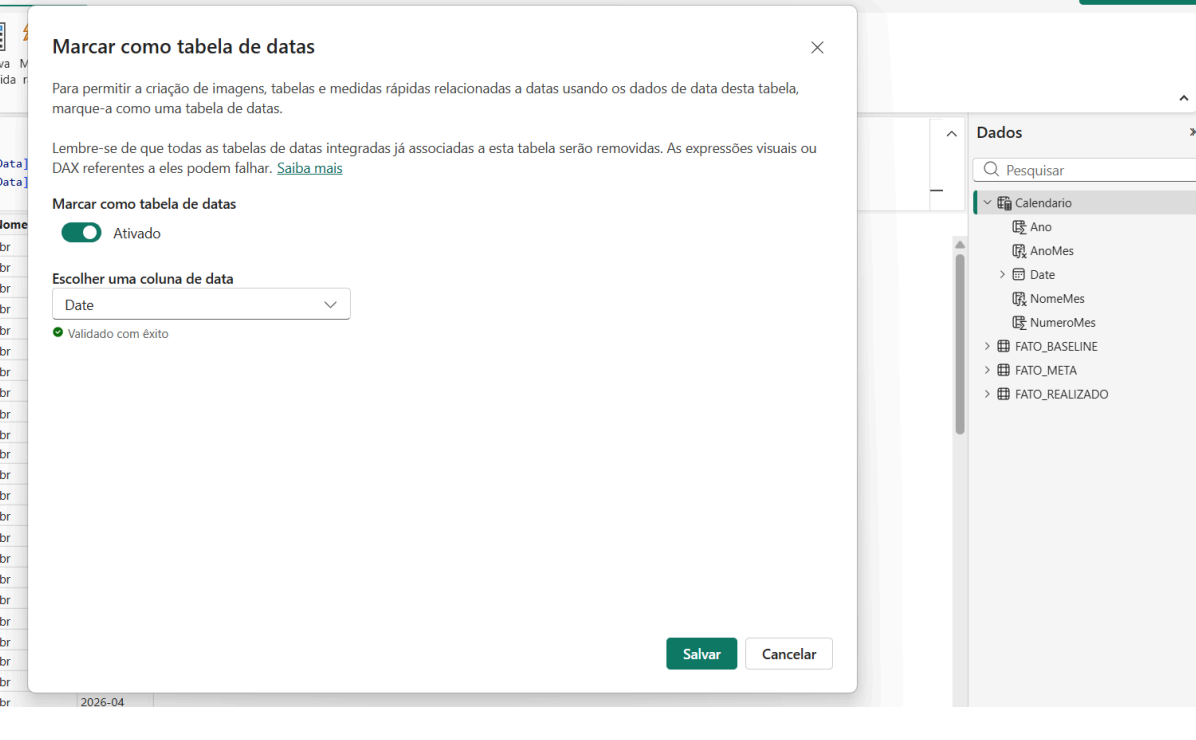 Calendário definido como tabela de datas oficial