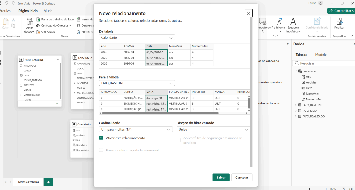 Criação de novo relacionamento entre Calendário e tabela fato